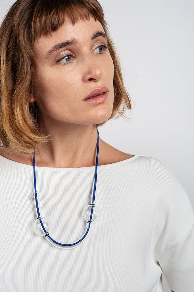 Large yellow string necklace with glass spheres and tubes