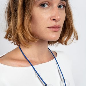 Large blue string necklace with glass spheres and tubes