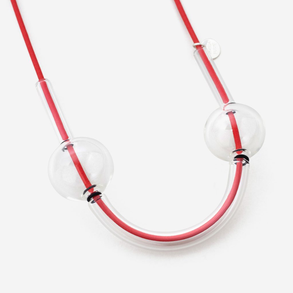 Large red string necklace with glass spheres and tubes